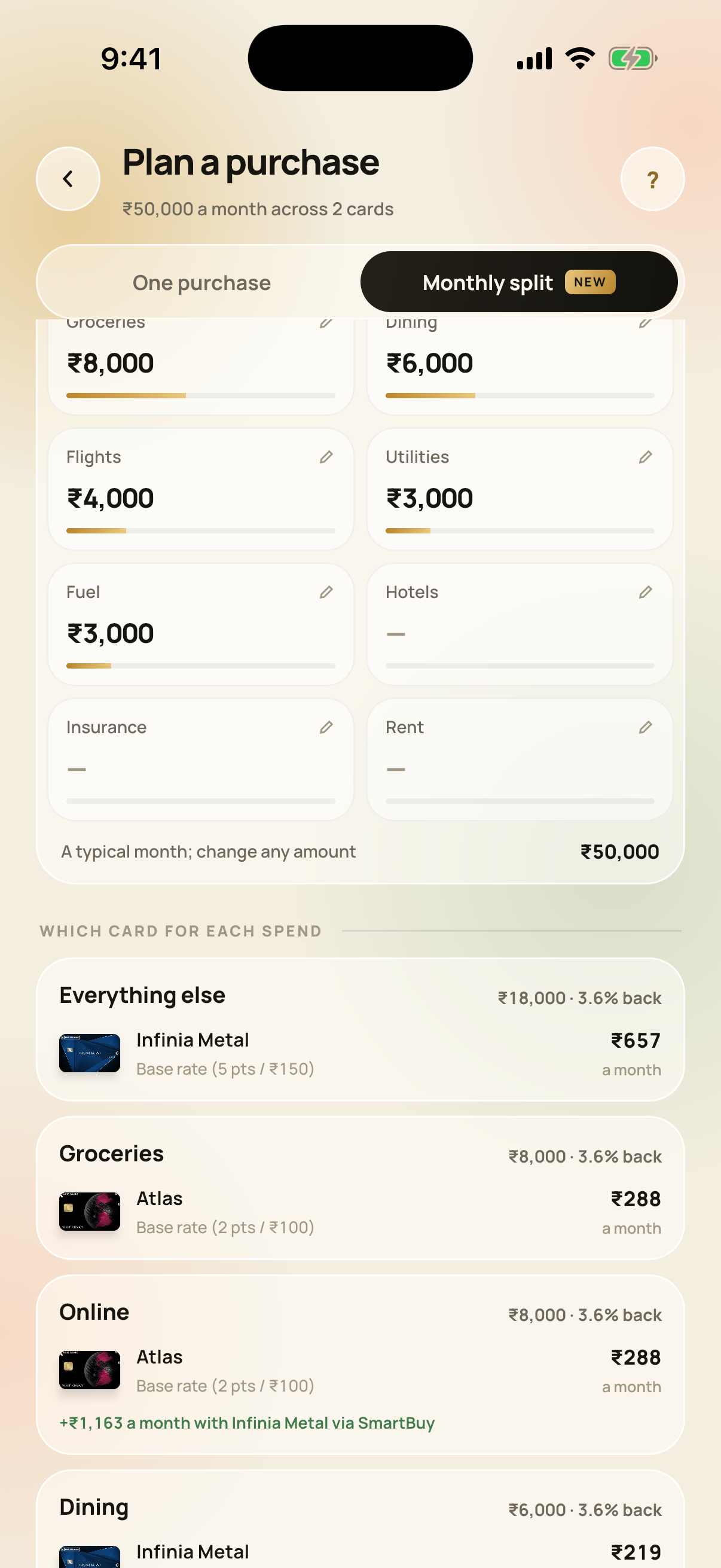 Krediit Monthly split screen assigning a card to each spend category